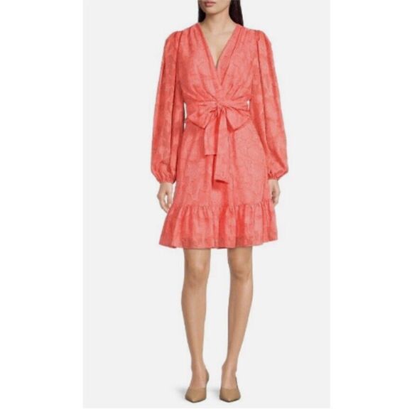 ALEX‎ MARIE Coral Long Sleeve Chiffon Dress Knee Length Floral V-Neck Size 2 New - Picture 1 of 12